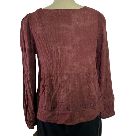 Rewind V-Neck, Lace Juniors Top Blouse Long Sleeve Brown, Small flaws Sz L - Picture 2 of 10
